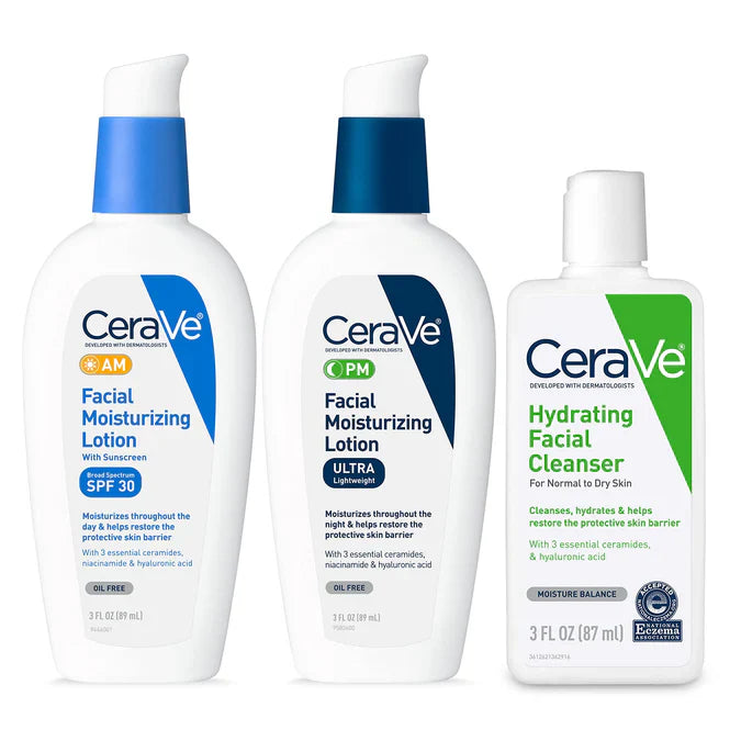 CeraVe Bundle Pack of 3 |Travel Size| Face Moisturizer Lotion & Hydrating Face Wash with SPF & Cleanser, Skin Care Set (3oz)